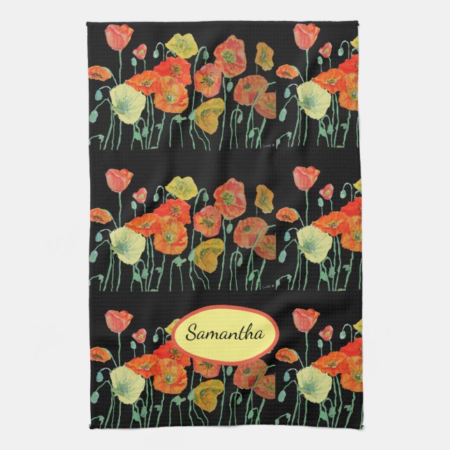 Orange Shabby Poppy Watercolour Tea Towel Black (Vertical)