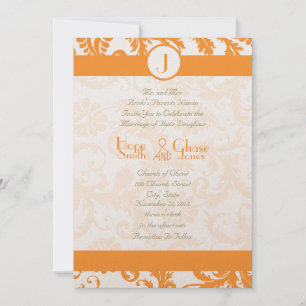 Orange Sherbert Damask Monogram Wedding Invitation