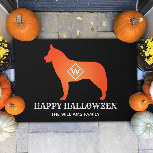 Orange Siberian Husky Silhouette Happy Halloween Doormat