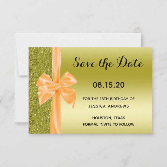 Orange Silk Bow Gold Glitter 18th Birthday Save The Date (Front)