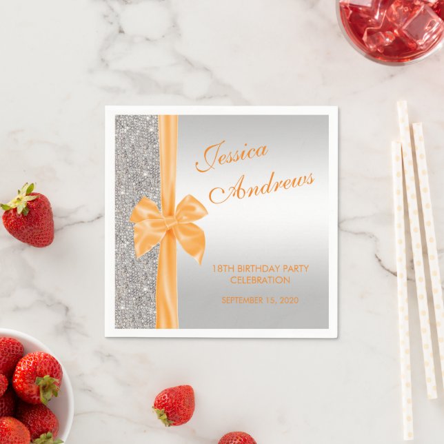 Orange Silk Bow Silver Sequins 18th Birthday Napkin (Insitu)