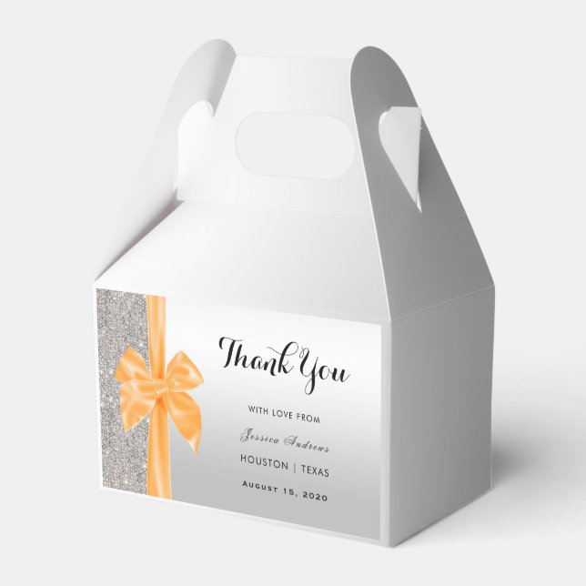 Orange Silk Bow Silver Sequins Birthday Favour Box (Front Side)