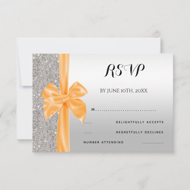 Orange Silk Bow Silver Sequins  Birthday RSVP Card (Front)