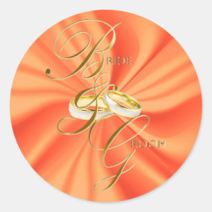 Orange Silky Satin and Gold Wedding Rings Classic Round Sticker