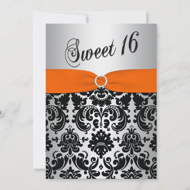Orange, Silver, Black Damask Sweet 16 Invitation (Front)