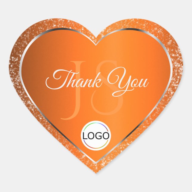 Orange Silver Logo Initials Glitter Cute Thank You Heart Sticker (Front)