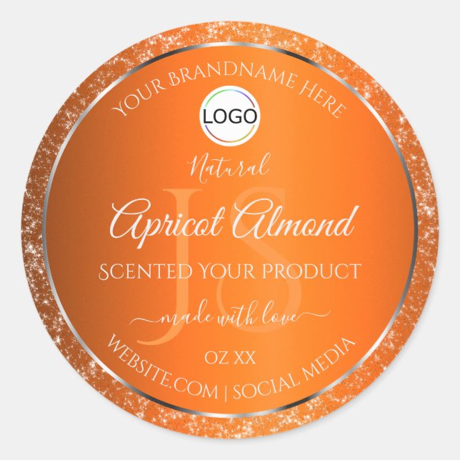 Orange Silver Logo Initials Glitter Product Labels (Front)