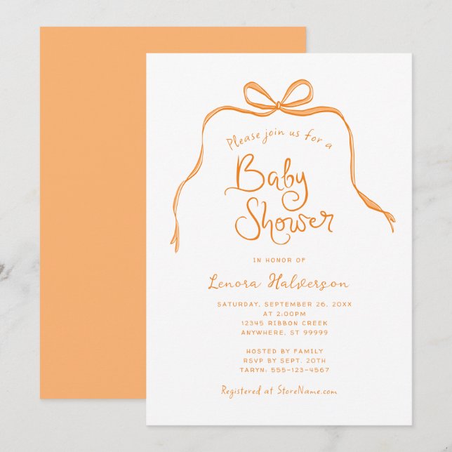 Orange Simple Bow Baby Shower Invitation (Front/Back)