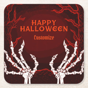 Orange Skeleton Hands Square Paper Coaster