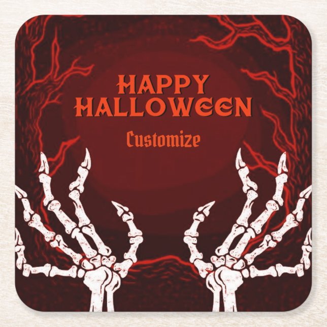 Orange Skeleton Hands Square Paper Coaster (Front)