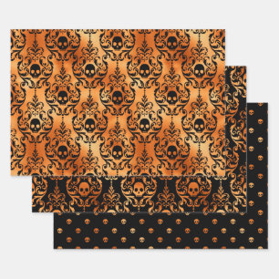 Orange Skull Halloween Damask Pattern Wrapping Paper Sheet