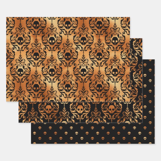 Orange Skull Halloween Damask Pattern Wrapping Paper Sheet (Set)