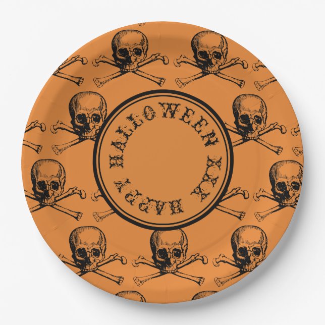 Orange Skull Halloween Personalised Message Paper Plate (Front)