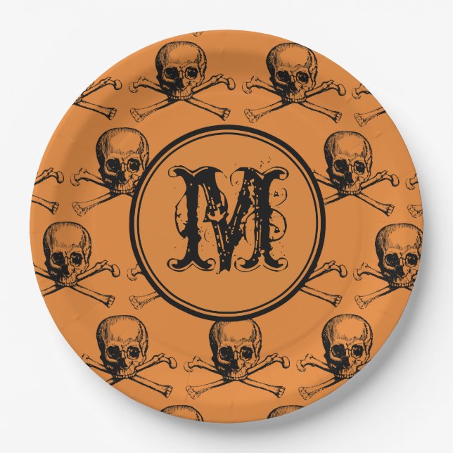 Orange Skull Halloween Personalised Monogram Paper Plate (Front)