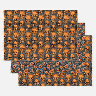 Orange Skulls and Sunflower Series Design 3  Wrapping Paper Sheet