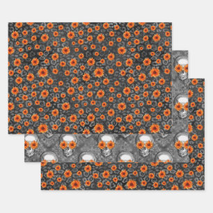 Orange Skulls and Sunflower Series Design 4 Wrapping Paper Sheet