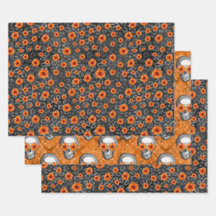 Orange Skulls and Sunflower Series Design 4 Wrapping Paper Sheet