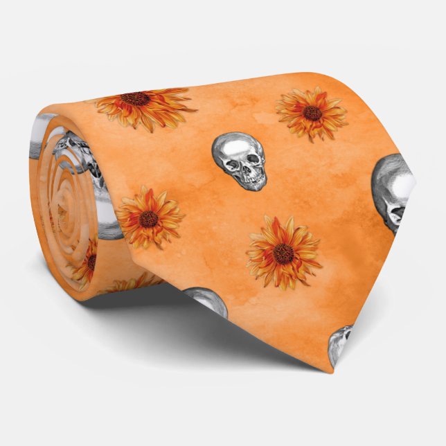Orange Skulls and Sunflower Series Design 8  Tie (Rolled)