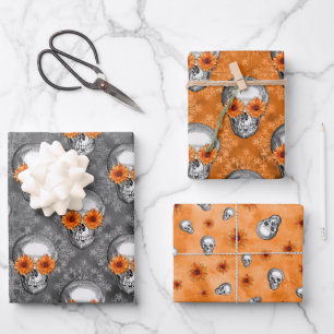 Orange Skulls and Sunflower Series Design 9 Wrapping Paper Sheet