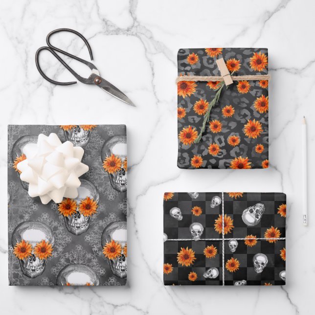 Orange Skulls and Sunflower Series Design 9 Wrapping Paper Sheet (Front)