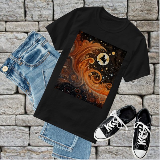 Orange Sky with Moon and Witch On Broom T-Shirt (Witch flying across a harvest moon in an orange sky with swirls and stars- Halloween night scene. )