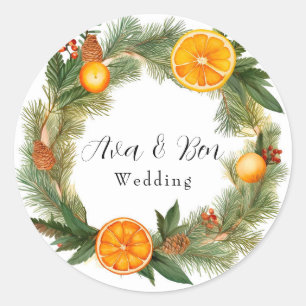 Orange Slice Green Pine Needles Wedding Classic Round Sticker