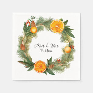 Orange Slice Green Pine Needles Wedding Napkin