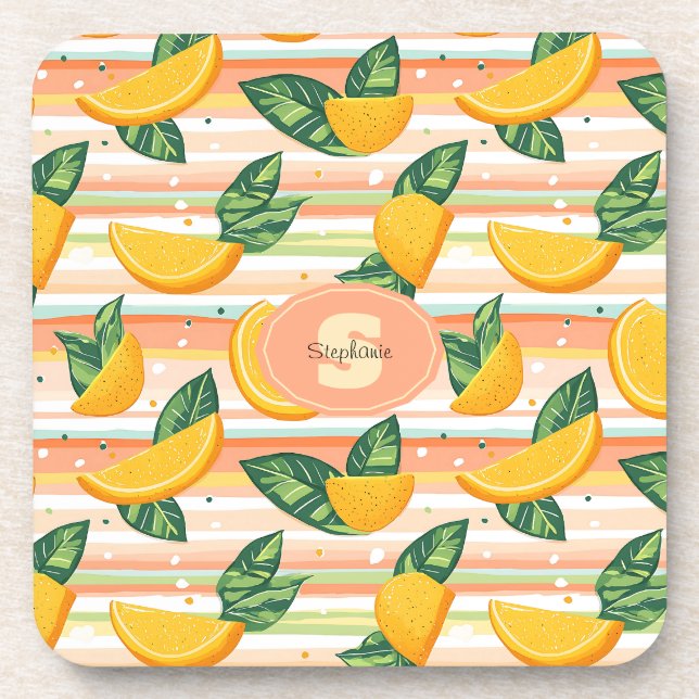 Orange Slice Pattern with Green Leaves on Pastel Coaster (Front)