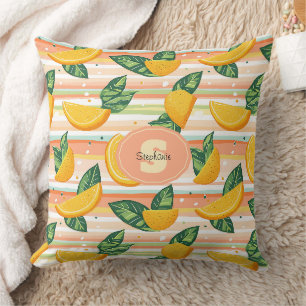 Orange Slice Pattern with Green Leaves on Pastel Cushion