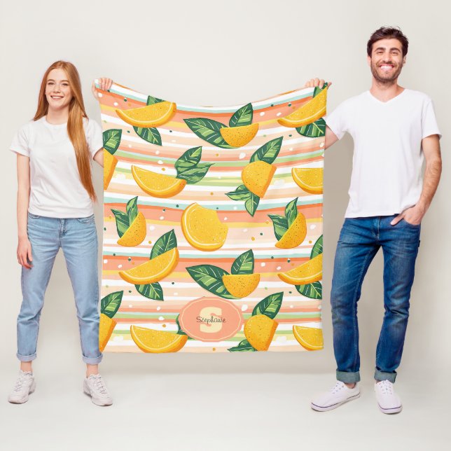 Orange Slice Pattern with Green Leaves on Pastel Fleece Blanket (In Situ)