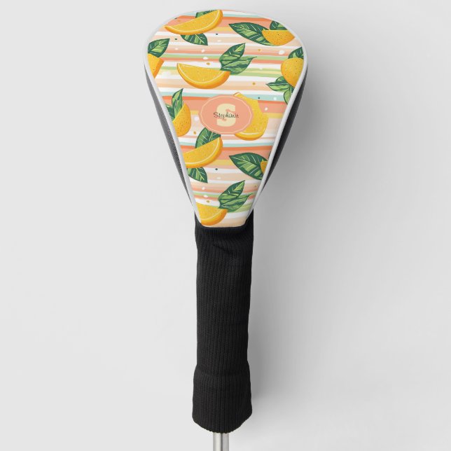 Orange Slice Pattern with Green Leaves on Pastel Golf Head Cover (Front)
