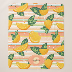 Orange Slice Pattern with Green Leaves on Pastel Sherpa Blanket