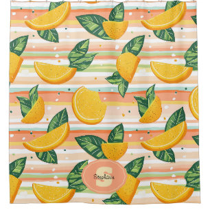 Orange Slice Pattern with Green Leaves on Pastel Shower Curtain