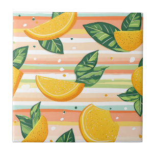 Orange Slice Pattern with Green Leaves on Pastel Tile