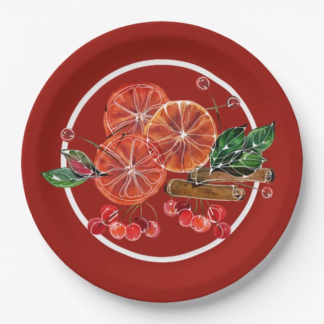 Orange Slices Cinnamon Sticks Berries Autumn Paper Plate (Front)