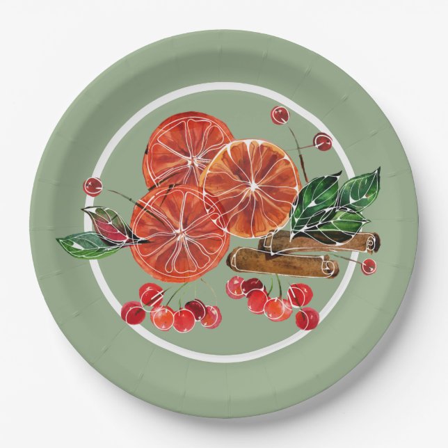 Orange Slices Cinnamon Sticks Berries Autumn Paper Plate (Front)