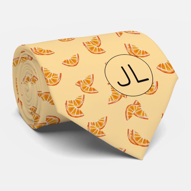 Orange Slices Hand Drawn Fruit Monogram Funny Tie (Rolled)