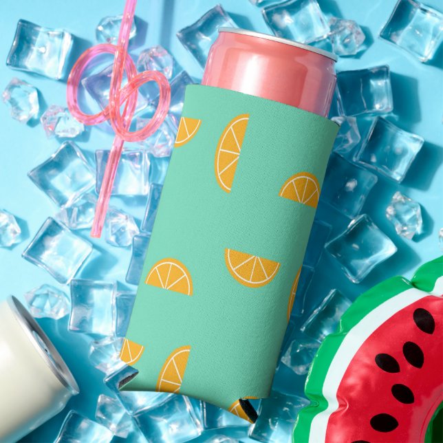 Orange slices on green seltzer can cooler (In Situ Summer)