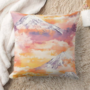 Orange Snow Peaks Sunset Watercolor Nature Art Cushion