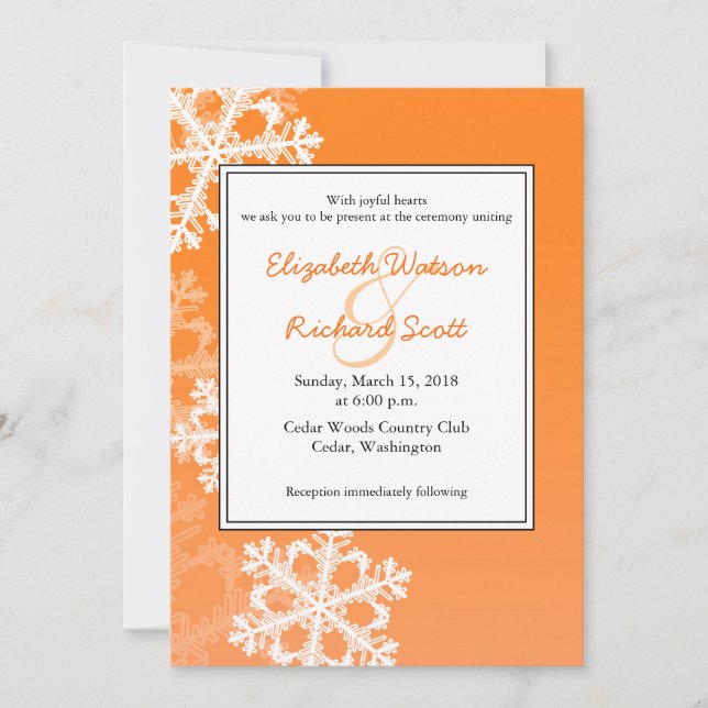 Orange Snowflakes Christmas wedding invitation (Front)