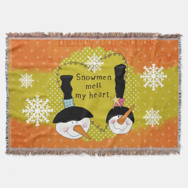 Orange Snowmen Melt My Heart Holiday Throw (Front)
