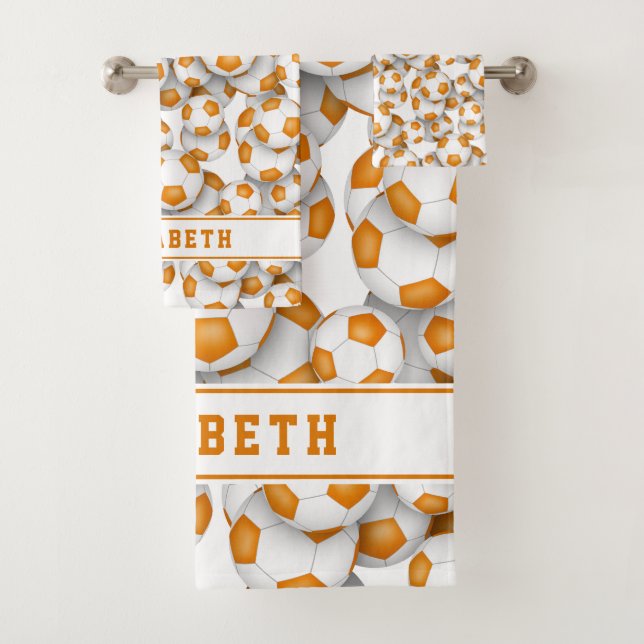 orange soccer balls pattern athlete name  bath towel set (Insitu)