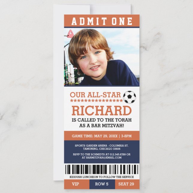 Orange Soccer Bar Mitzvah Invites (Front)