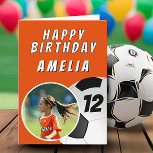 Orange Soccer Football Ball Photo Birthday Card