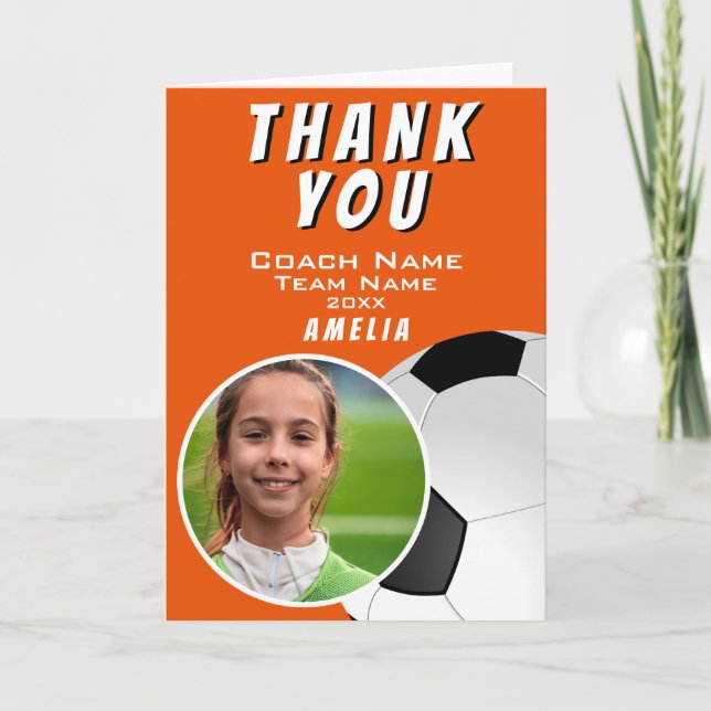Orange Soccer Football Coach Ball Photo Thank You Card (Front)