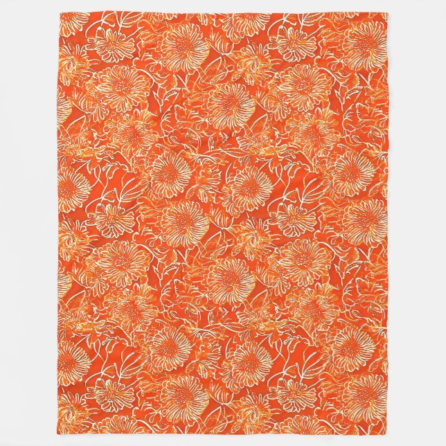 Orange soft flowers fleece blanket (Front)