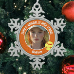 Orange Softball Player Photo High School Snowflake Pewter Christmas Ornament<br><div class="desc">This cool customized high school softball player photo gift features white typography of your team and player name on a snowflake Christmas ornament with a ball on an orange background. Personalize with your student's photograph and class year as a proud sports parent.</div>