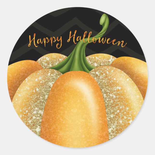 Orange Sparkle Pumpkin Halloween Birthday Party Classic Round Sticker (Front)