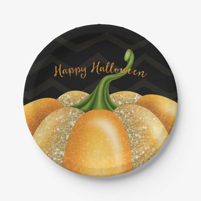 Orange Sparkle Pumpkin Halloween Birthday Party Paper Plate (Front)