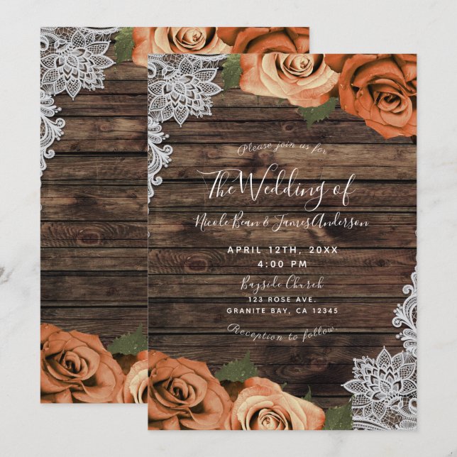 Orange Spice Floral Roses Rustic Wood Lace Wedding Invitation (Front/Back)